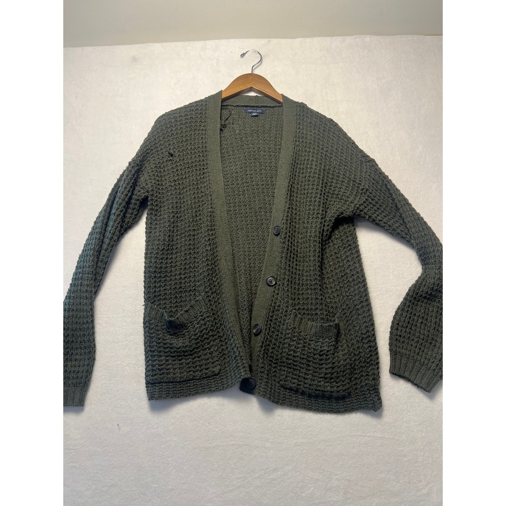 American Eagle M Cardigan Boho Indie Grunge Olive Green Waffle Knit Thrashed